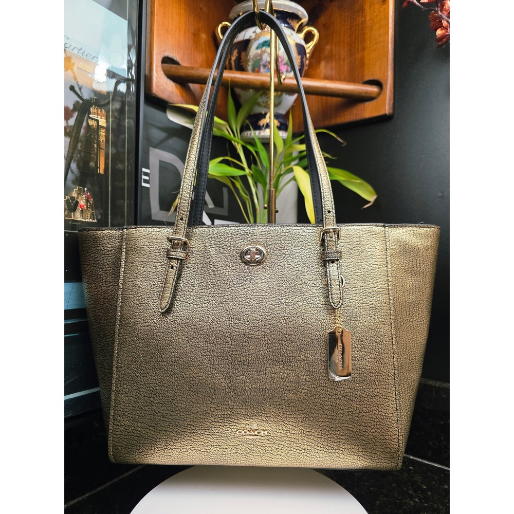 Coach Metallic Turnlock Tote Gold Leather Large Shoulder Bag Zip Top Shimmer